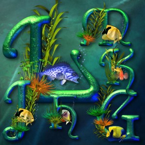 лазурный морской шрифт с водорослями и рыбками, сине-зеленый красивый шрифт, морской, готовый шаблон шрифта