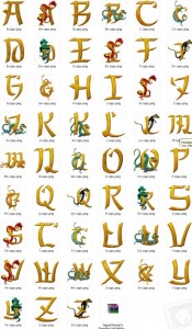 красивый старинный шрифт с извивающимися вокруг букв драконами , золотой шрифт, готовый шаблон латинский шрифта с драконами