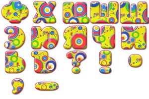 цветной веселый шрифт, детский веселый русский шрифт в разноцветных кружочках, забавный детский шрифт, полный русский алфавит+цифры