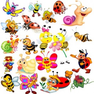 забавные насекомые, растровый клипарт, мультяшные насекомые, бабочки, пчелы, божья коровка, жуки, червячки, улитка, веселые мультяшные персонажи, растровый клипарт
